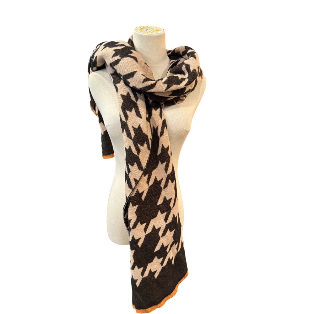 Ann Taylor Factory Brown‎ Beige Houndstooth Knit Scarf Wrap NEW 20"x 84"
